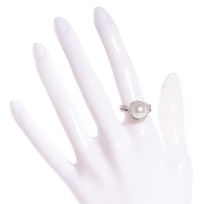 David Yurman Sterling Silver Pave Diamond Pearl Cable Ring 6 2 of 6