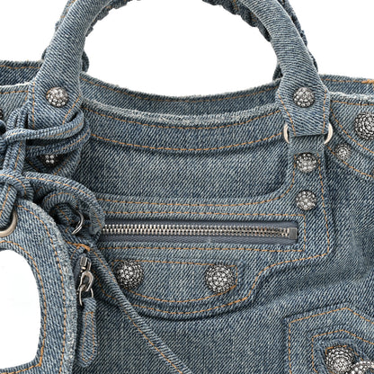 Balenciaga Washed Frayed Denim Crystal Neo Cagole Handbag XS Blue 7 of 9