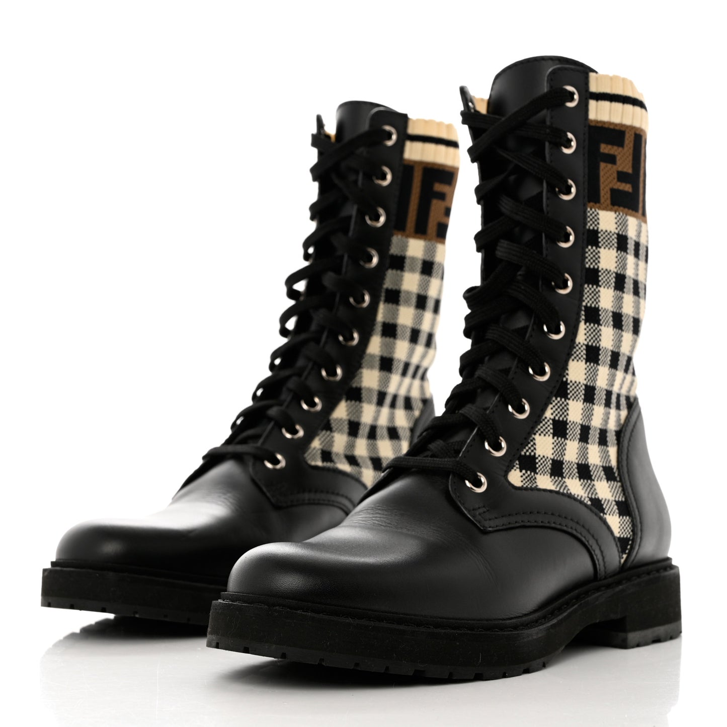 Vitello Stretch Fabric FF Vichy Rockoko Biker Boots 37 Black Crema Tobacco