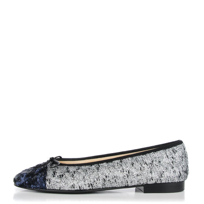 Chanel Tweed Sequin Cap Toe Ballerina Flats 40 Black Blue 1 of 9
