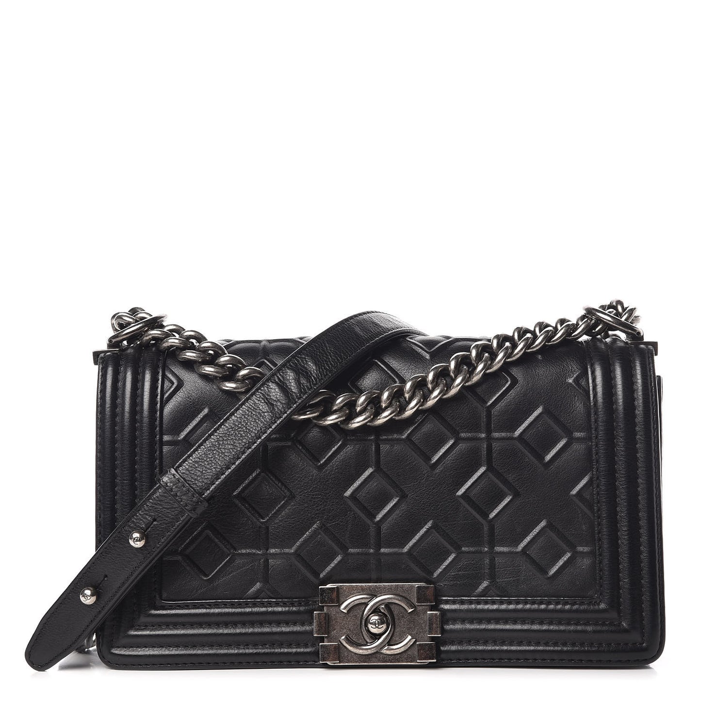 Calfskin Crystal Embossed Medium Boy Flap Black