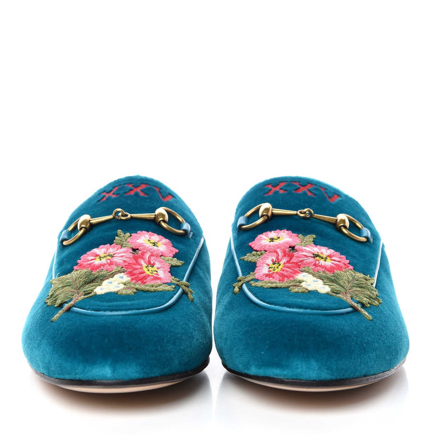 Gucci Velvet Floral Embroidered Womens Princetown Slippers 38.5 Pavone 2 of 8