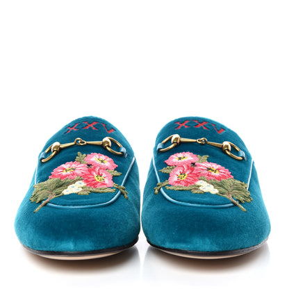Gucci Velvet Floral Embroidered Womens Princetown Slippers 38.5 Pavone 2 of 8