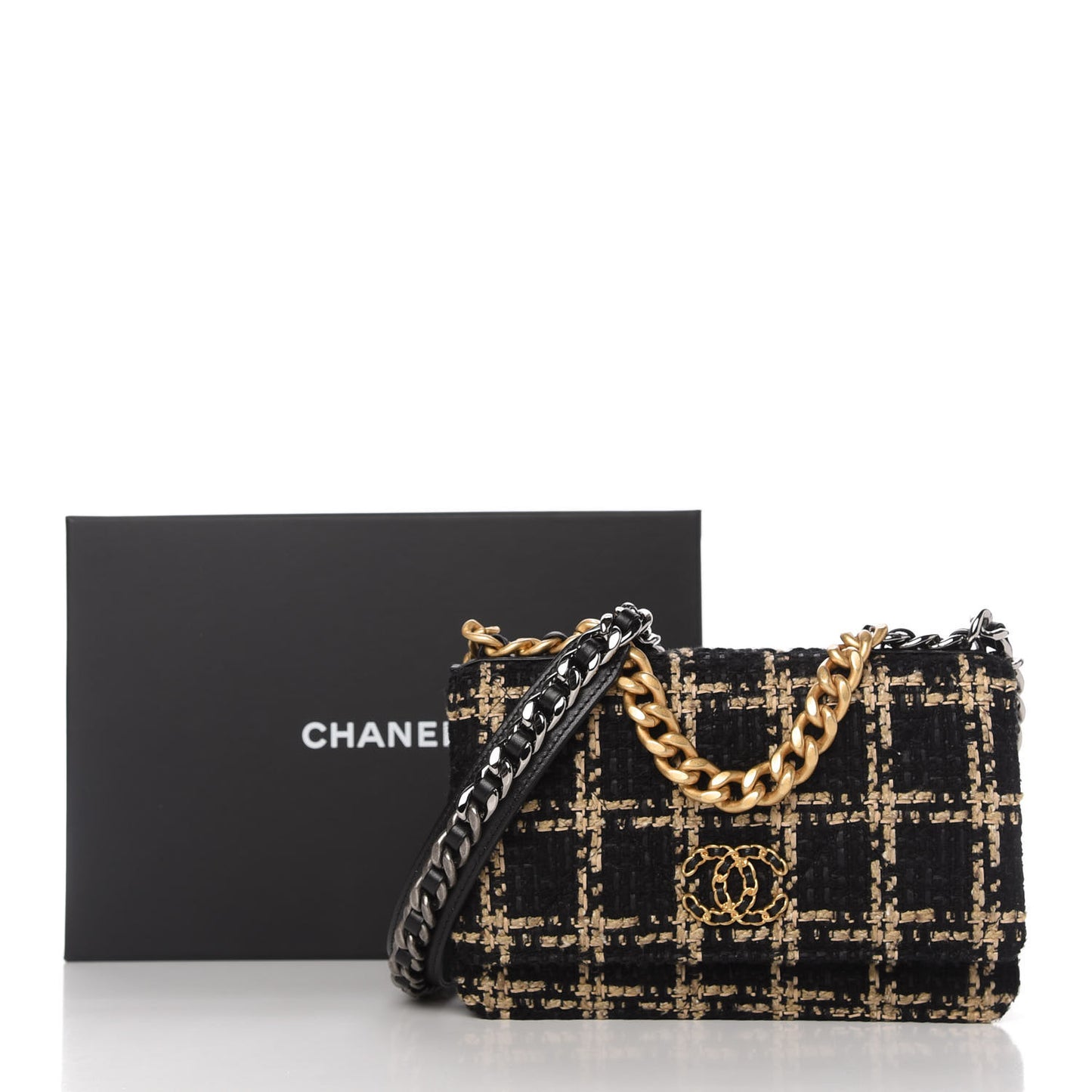 Tweed Quilted Chanel 19 Wallet On Chain WOC Black Beige