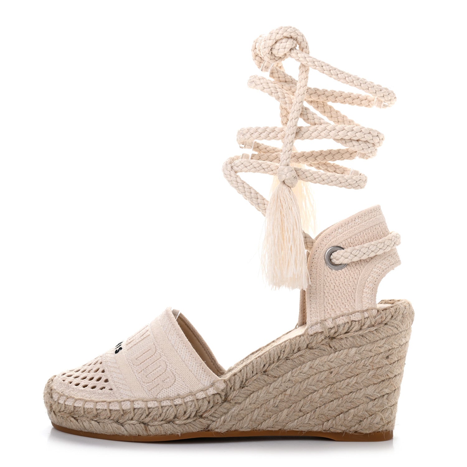 Christian Dior Canvas Embroidered Granville Ankle Tie Espadrille Wedges 35 Cream 1 of 8