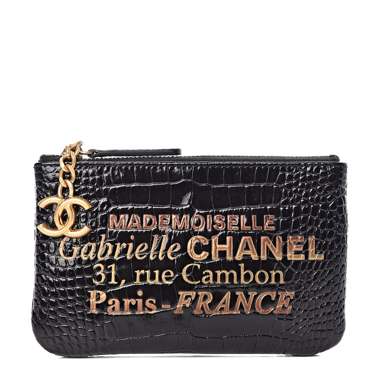 Calfskin Crocodile Embossed Cocodile Cosmetic Case Black Gold
