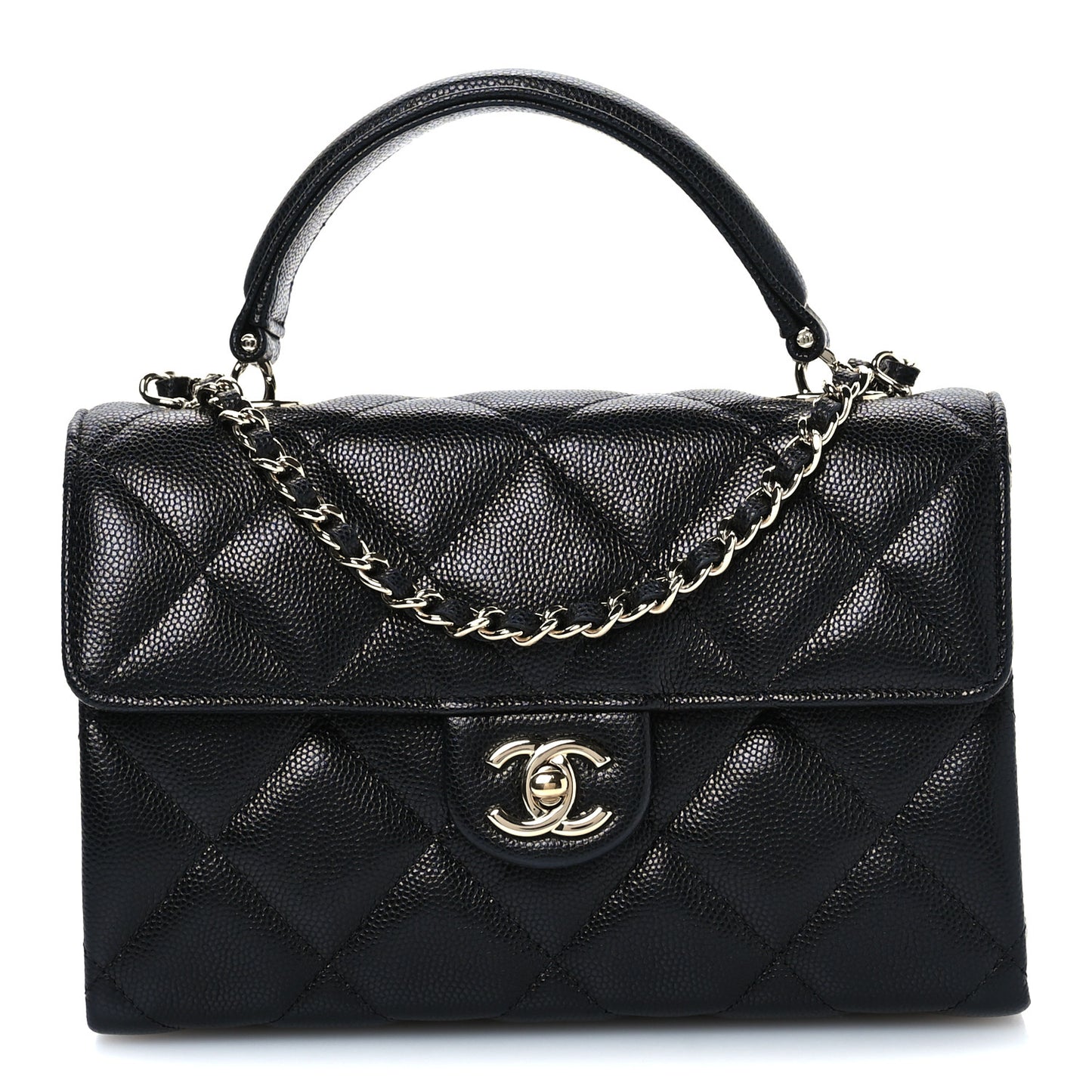 Caviar Quilted Retro Mini Twist Top Handle Clutch Flap Black