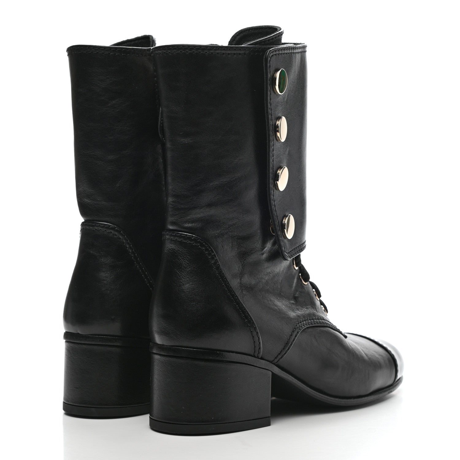 Chanel Calfskin Patent Cap Toe CC Lace Up Boots 35 Black 4 of 9