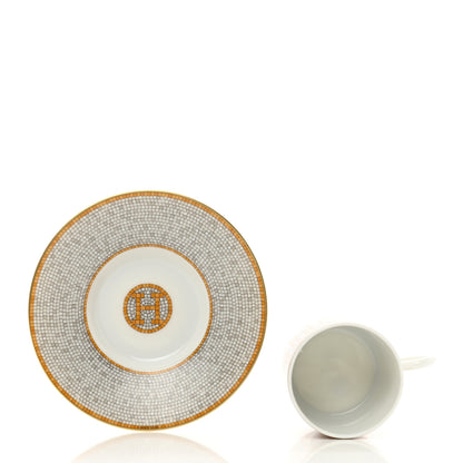 Hermes Porcelain Mosaique Au 24 Gold Coffee Cup and Saucer Set of 2 3 of 9