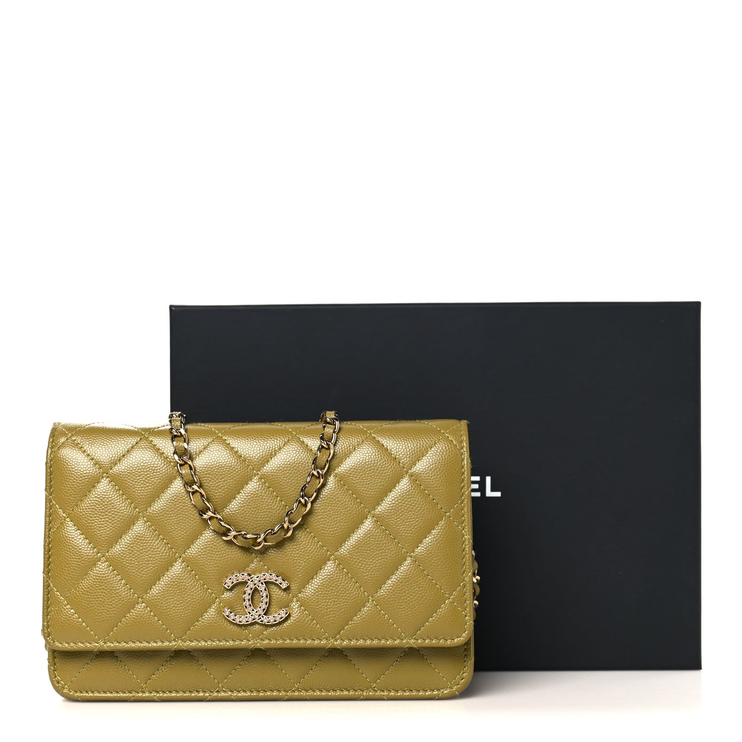 Caviar Quilted Crystal CC Wallet On Chain WOC Green