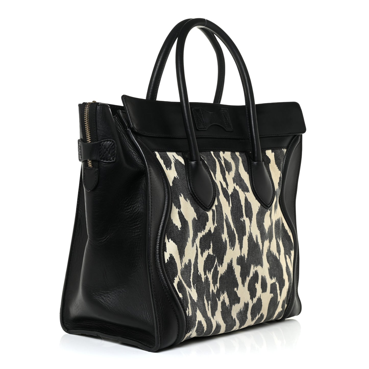 Linen Smooth Calfskin Leopard Print Medium Luggage Black
