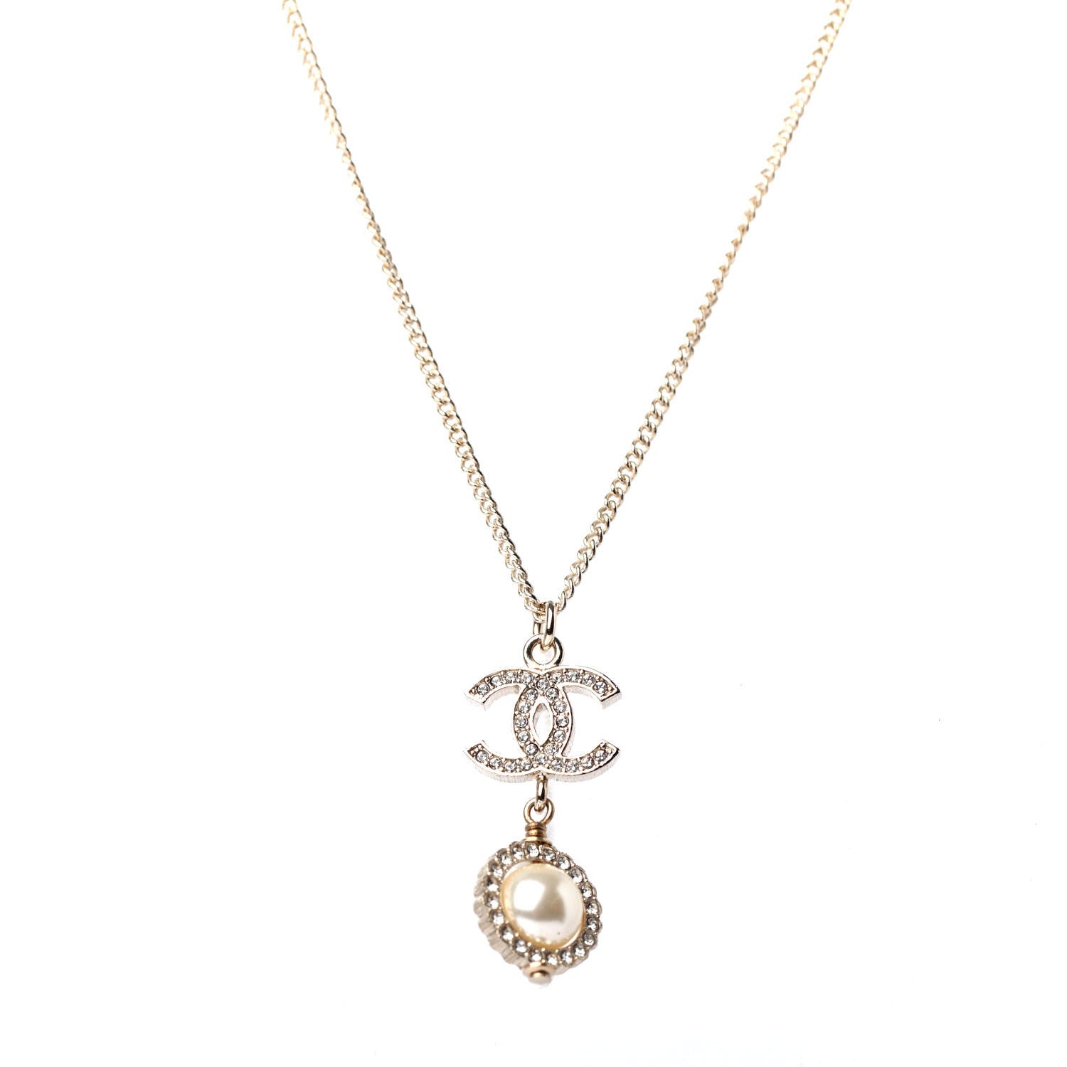Chanel Crystal Pearl CC Lace Camellia Necklace Gold 1 of 4
