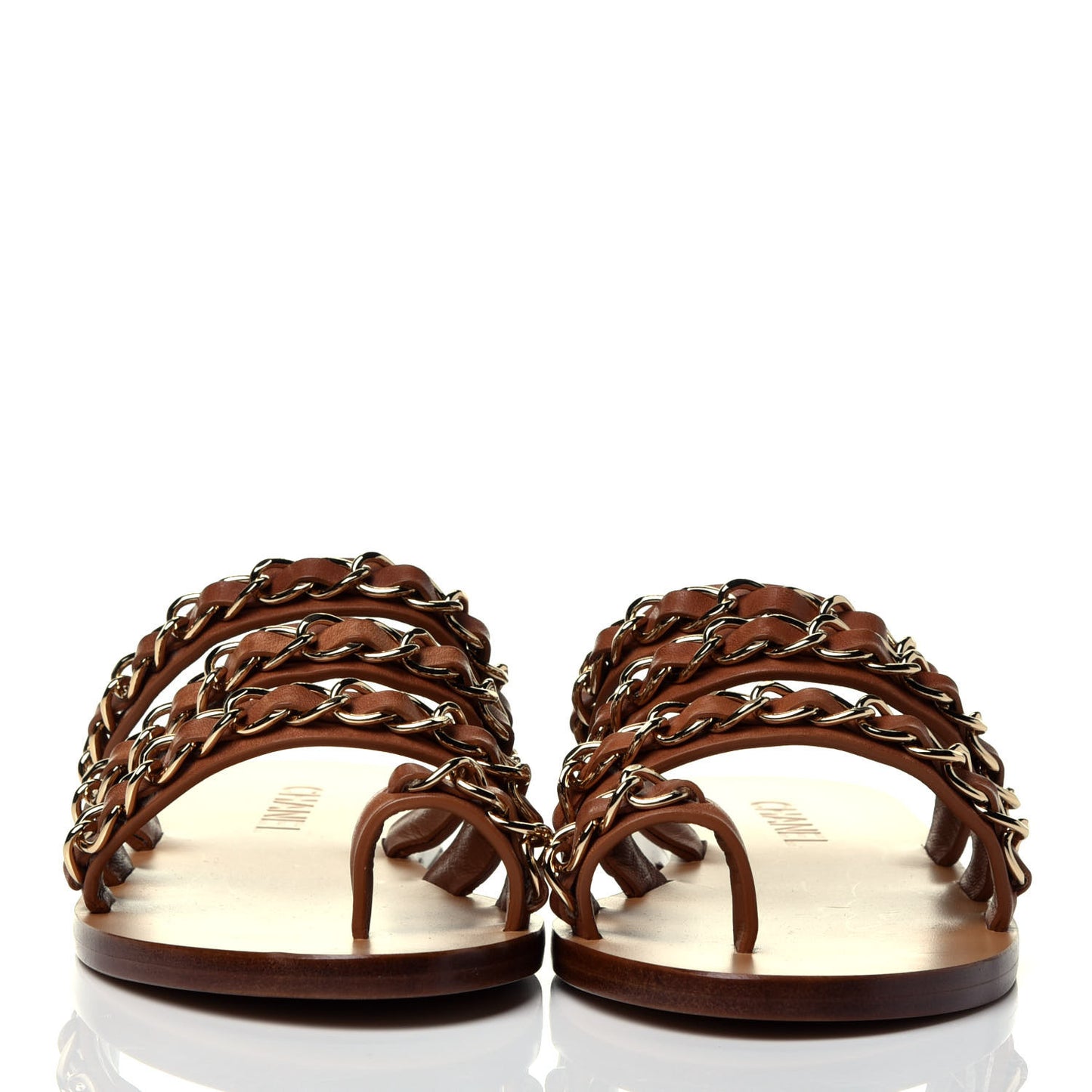 Calfskin Chain Thong Flat Sandals 38 Beige