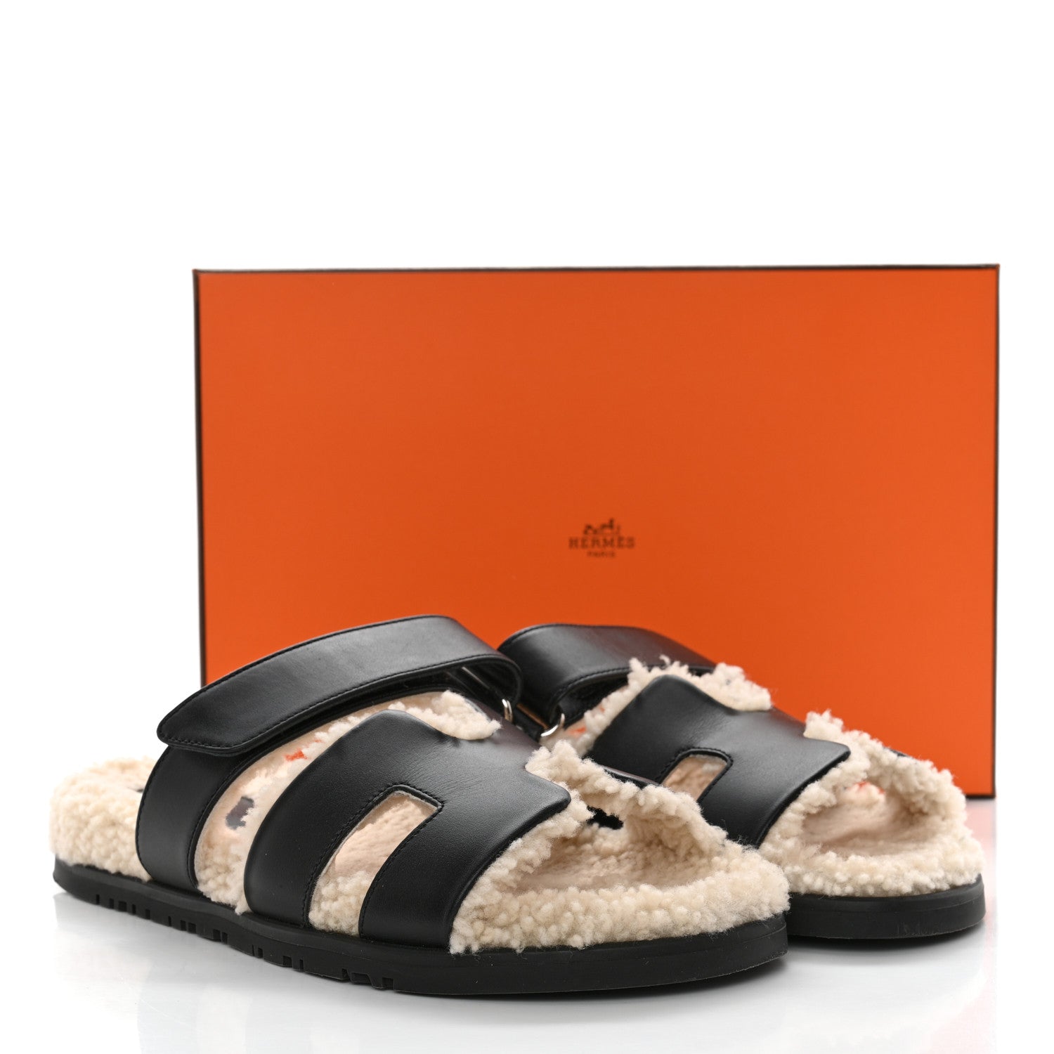 Hermes Calfskin Woolskin Womens Chypre Sandals 37.5 Black Ecru 9 of 9