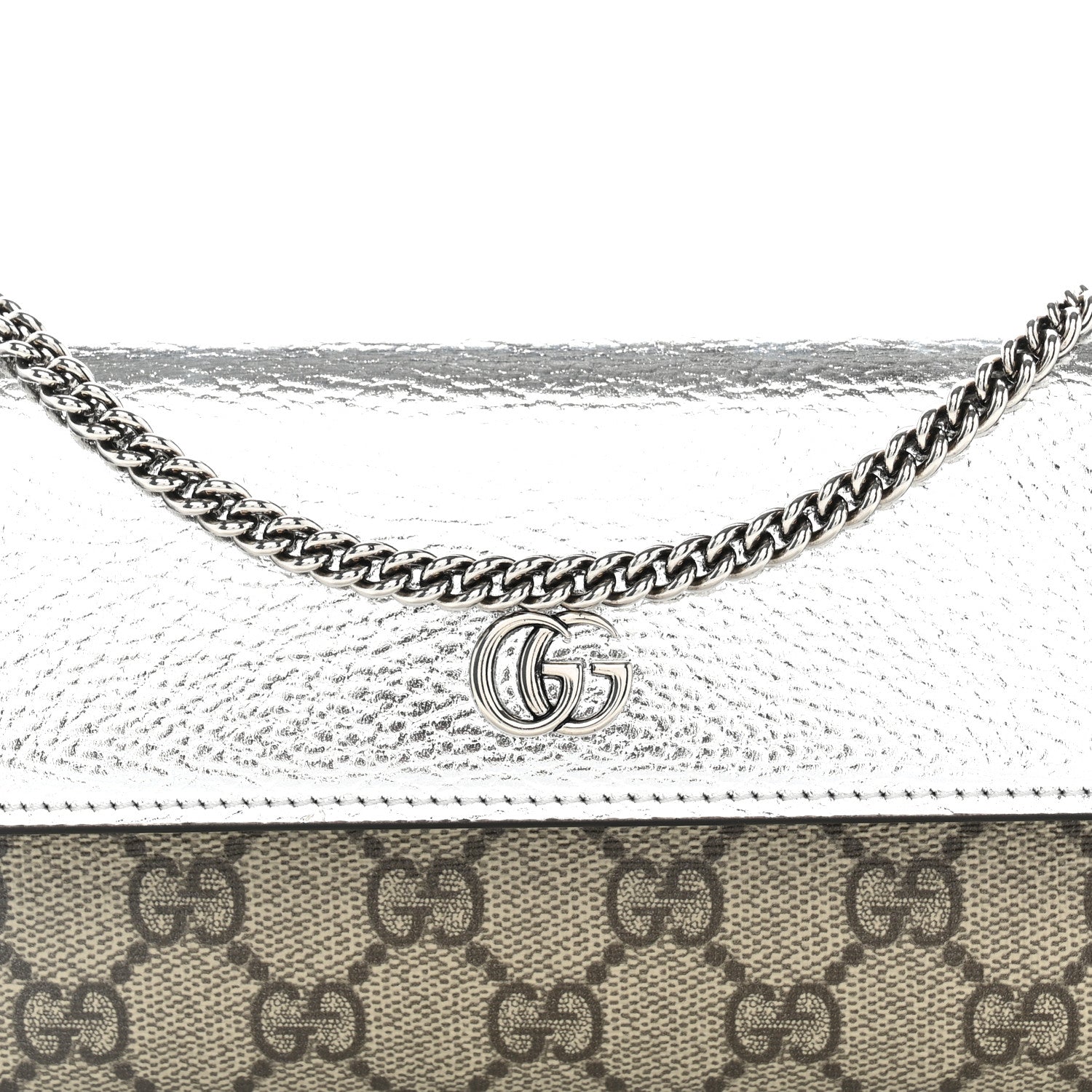 Gucci Metallic Calfskin GG Supreme Monogram Petite GG Marmont Wallet Chain Bag Silver Beige Ebony 8 of 12