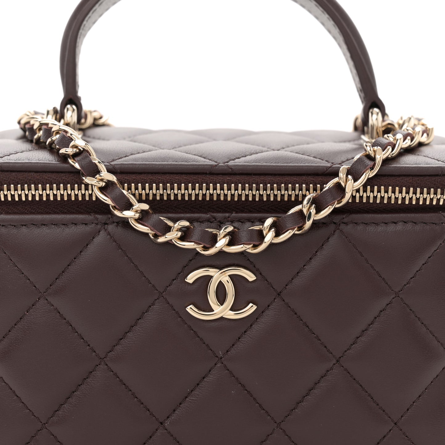 Lambskin Quilted Small Top Handle Vanity Case With Chain Dark Brown