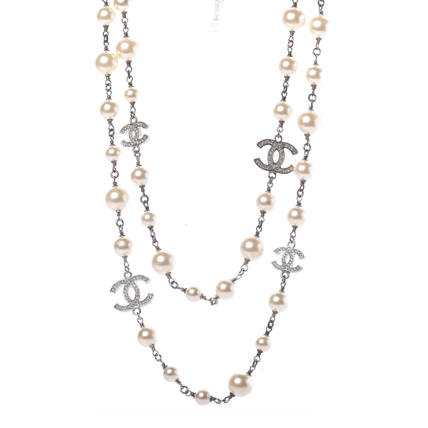 Chanel Crystal Pearl CC Long Necklace Silver 1 of 6