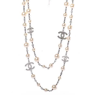Chanel Crystal Pearl CC Long Necklace Silver 1 of 6