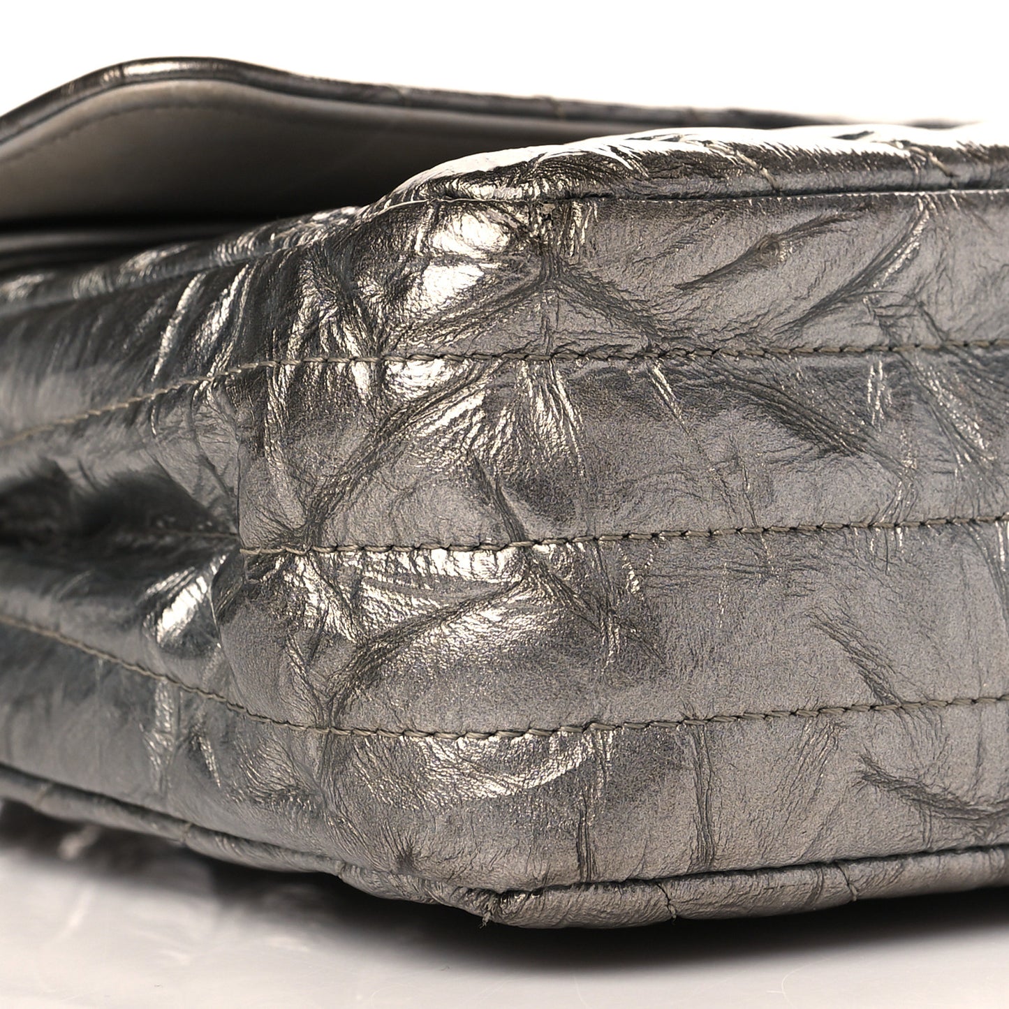 Metallic Patent Crumpled Calfskin Chevron Quilted Medium Double Flap Silver
