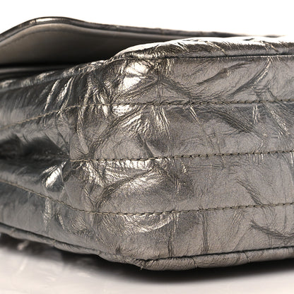 Chanel Metallic Patent Crumpled Calfskin Chevron Quilted Medium Double Flap Silver 8 of 13