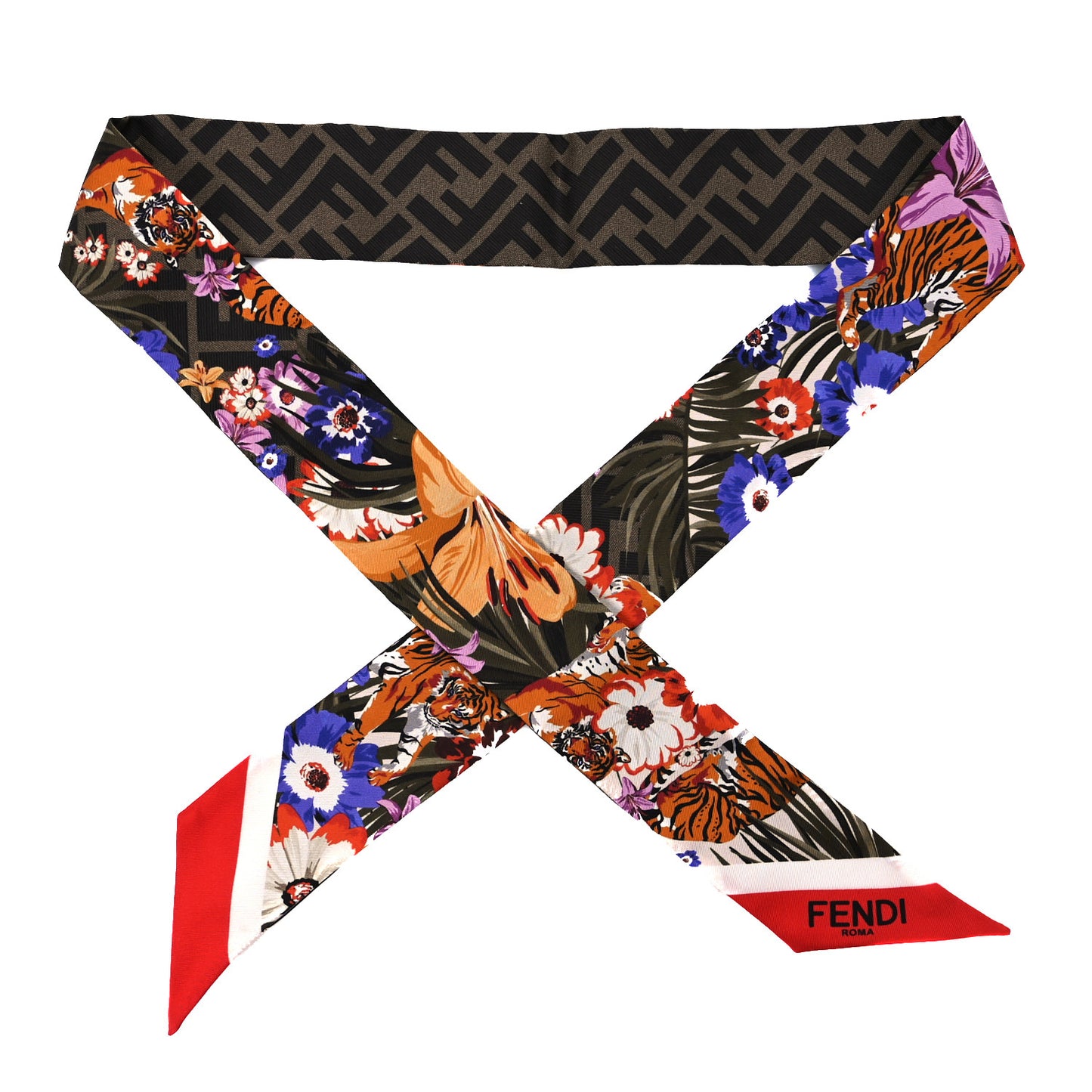 Silk Print FF Chinese New Year Tiger Wrappy Scarf Tobacco Multicolor