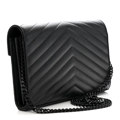 Saint Laurent Grain De Poudre Matelasse Chevron Monogram Monochrome Chain Wallet Black 3 of 13