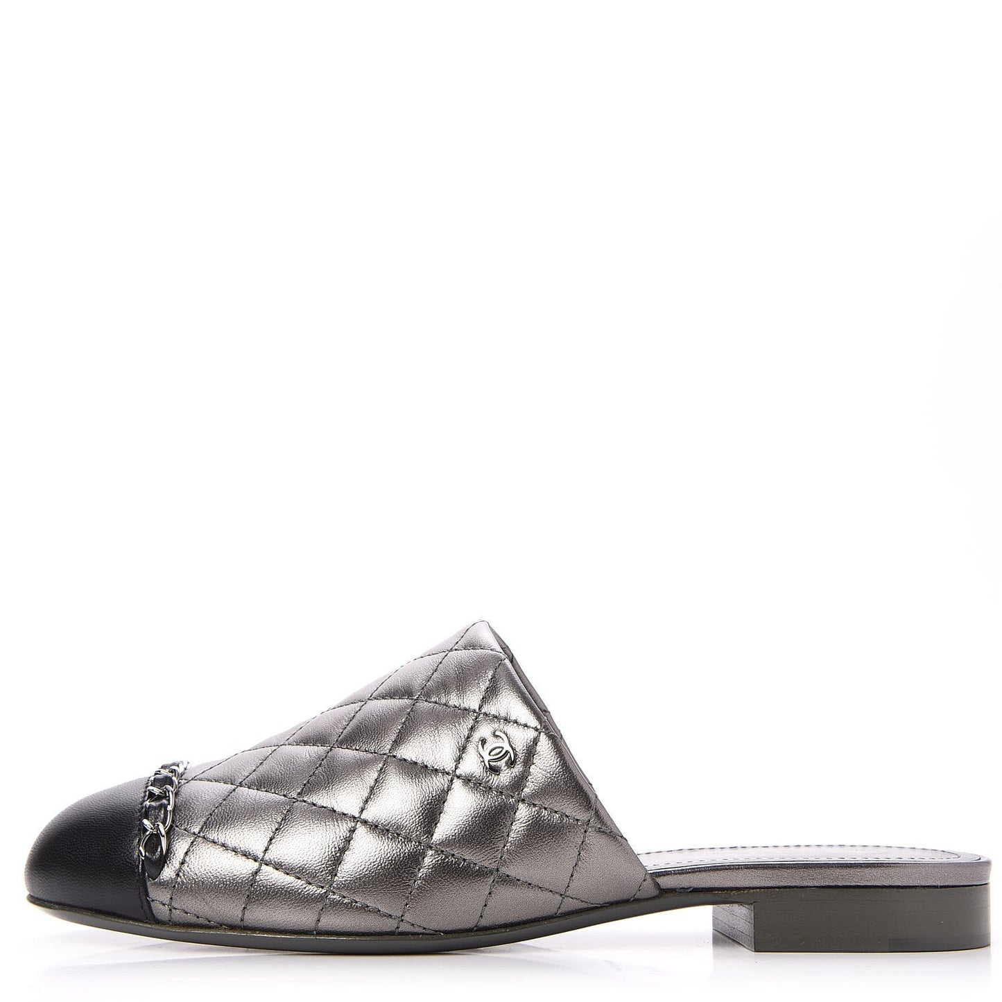 Iridescent Lambskin Quilted CC Chain Mules 37.5 Silver Black