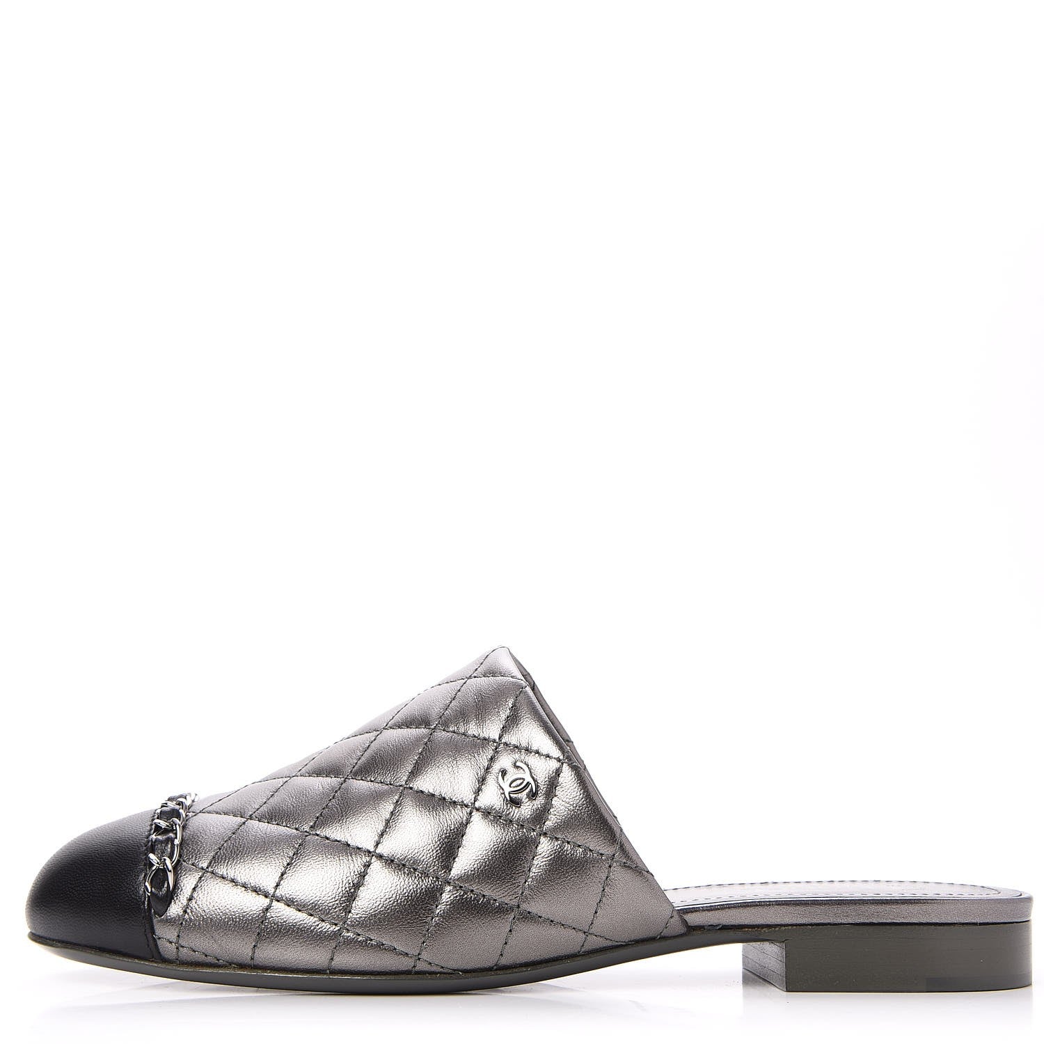 Chanel Iridescent Lambskin Quilted CC Chain Mules 37.5 Silver Black 1 of 10