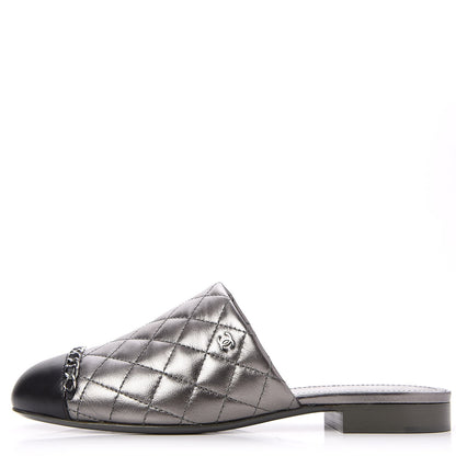 Chanel Iridescent Lambskin Quilted CC Chain Mules 37.5 Silver Black 1 of 10