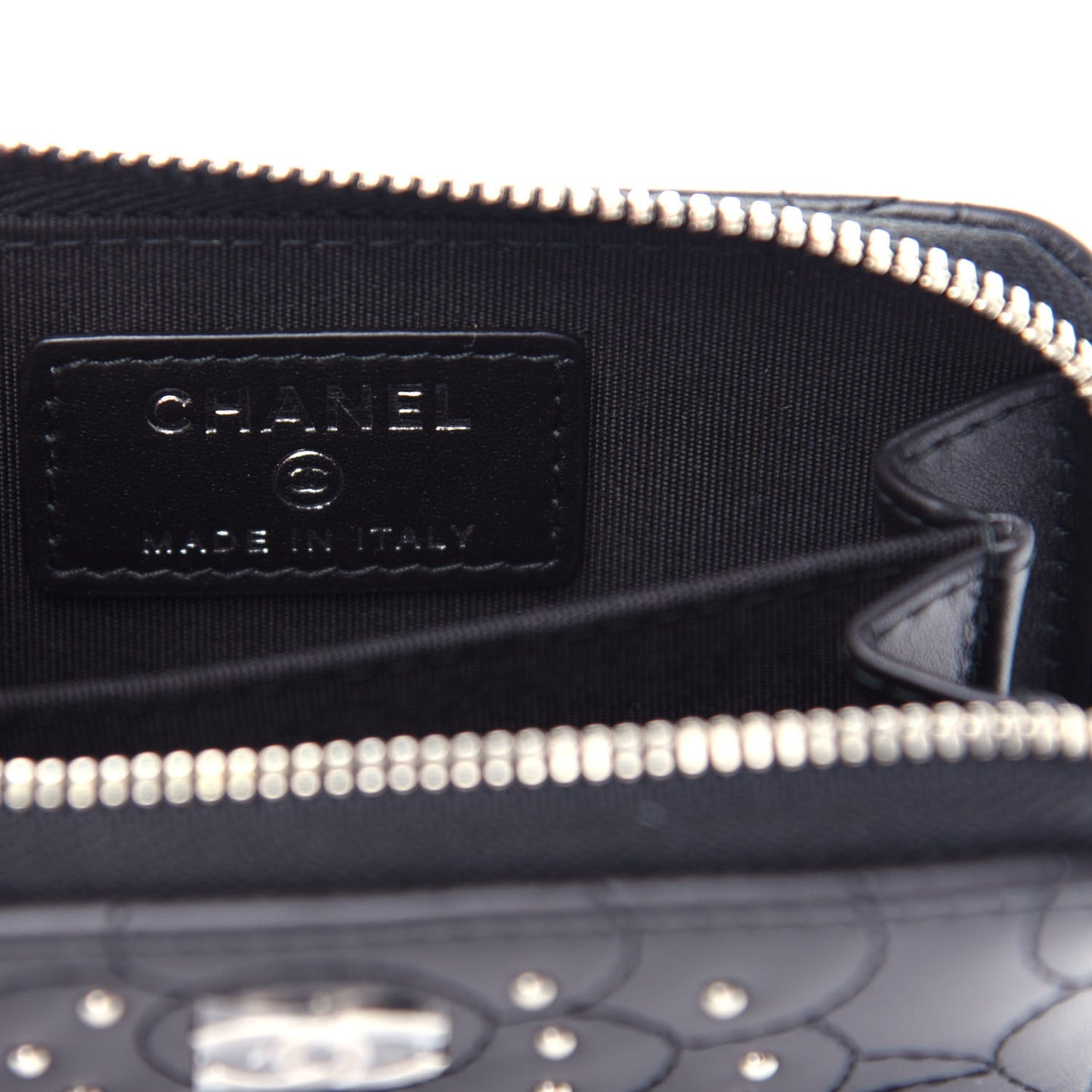 Lambskin Camellia Embossed Studded Zip Coin Purse Black