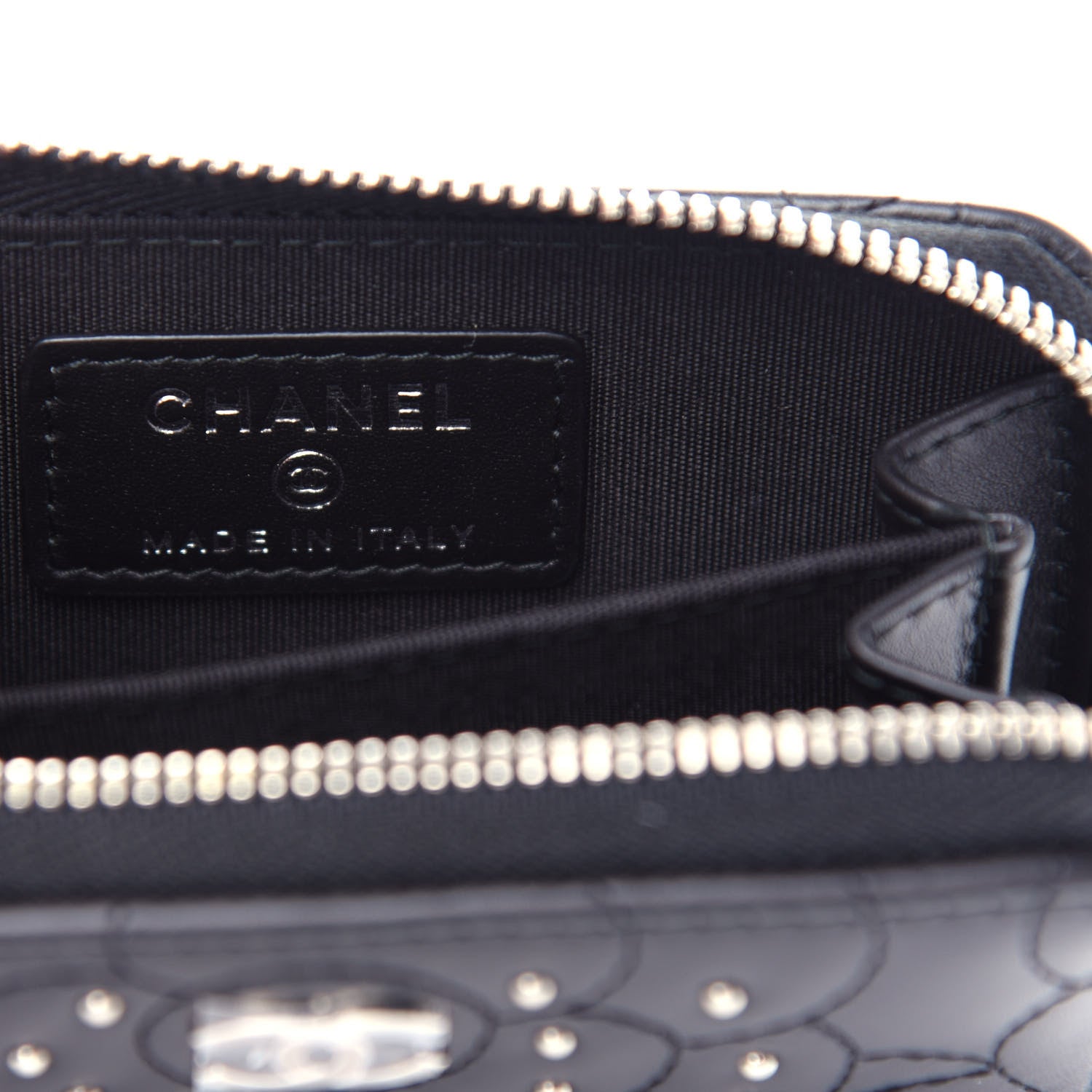 Chanel Lambskin Camellia Embossed Studded Zip Coin Purse Black 6 of 8