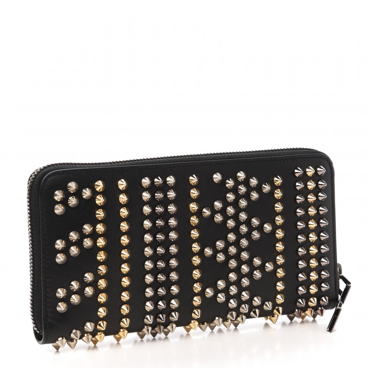 Calfskin Mix Chevron Spikes Panettone Zip Around Wallet Black