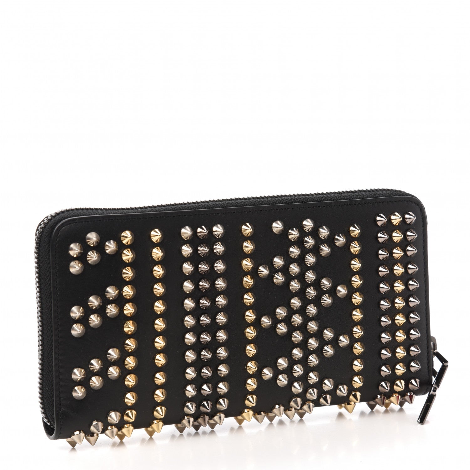 Christian Louboutin Calfskin Mix Chevron Spikes Panettone Zip Around Wallet Black 3 of 9