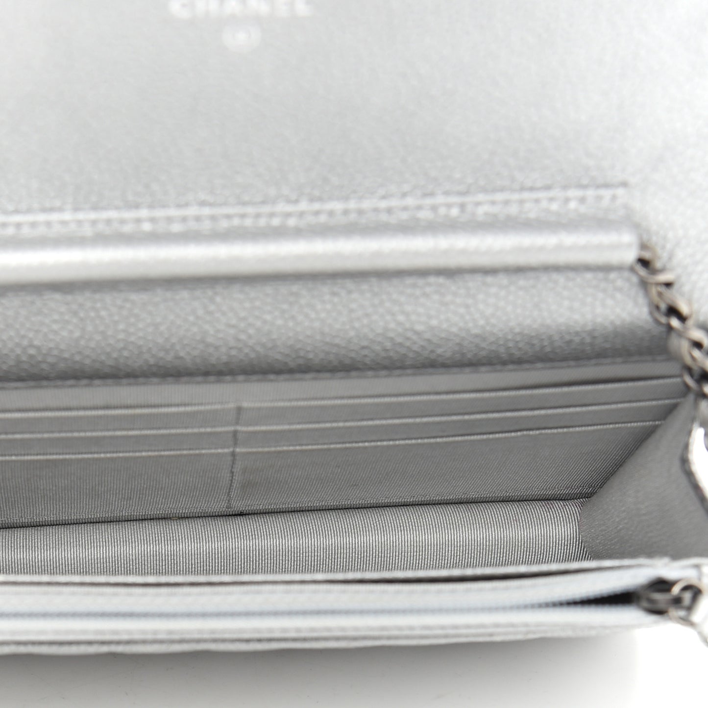 Metallic Caviar Quilted Wallet on Chain WOC Silver
