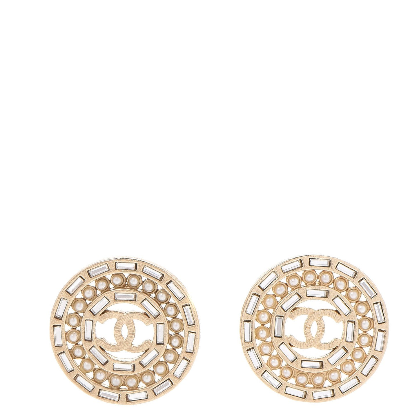 Pearl Crystal CC Round Earrings Gold