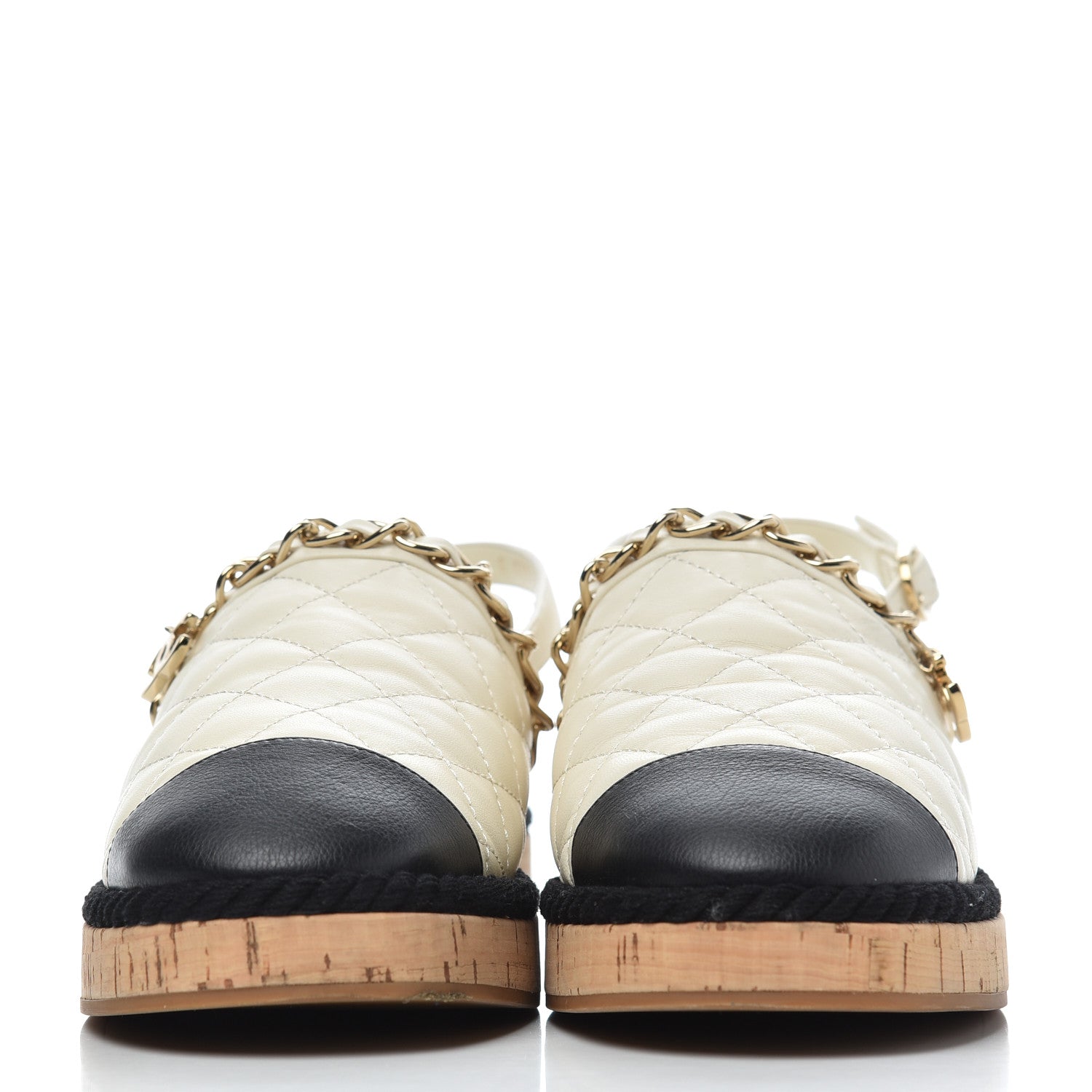 Chanel Lambskin Calfskin Cap Toe Chain Mules Sandals 38 Ivory Black 2 of 25