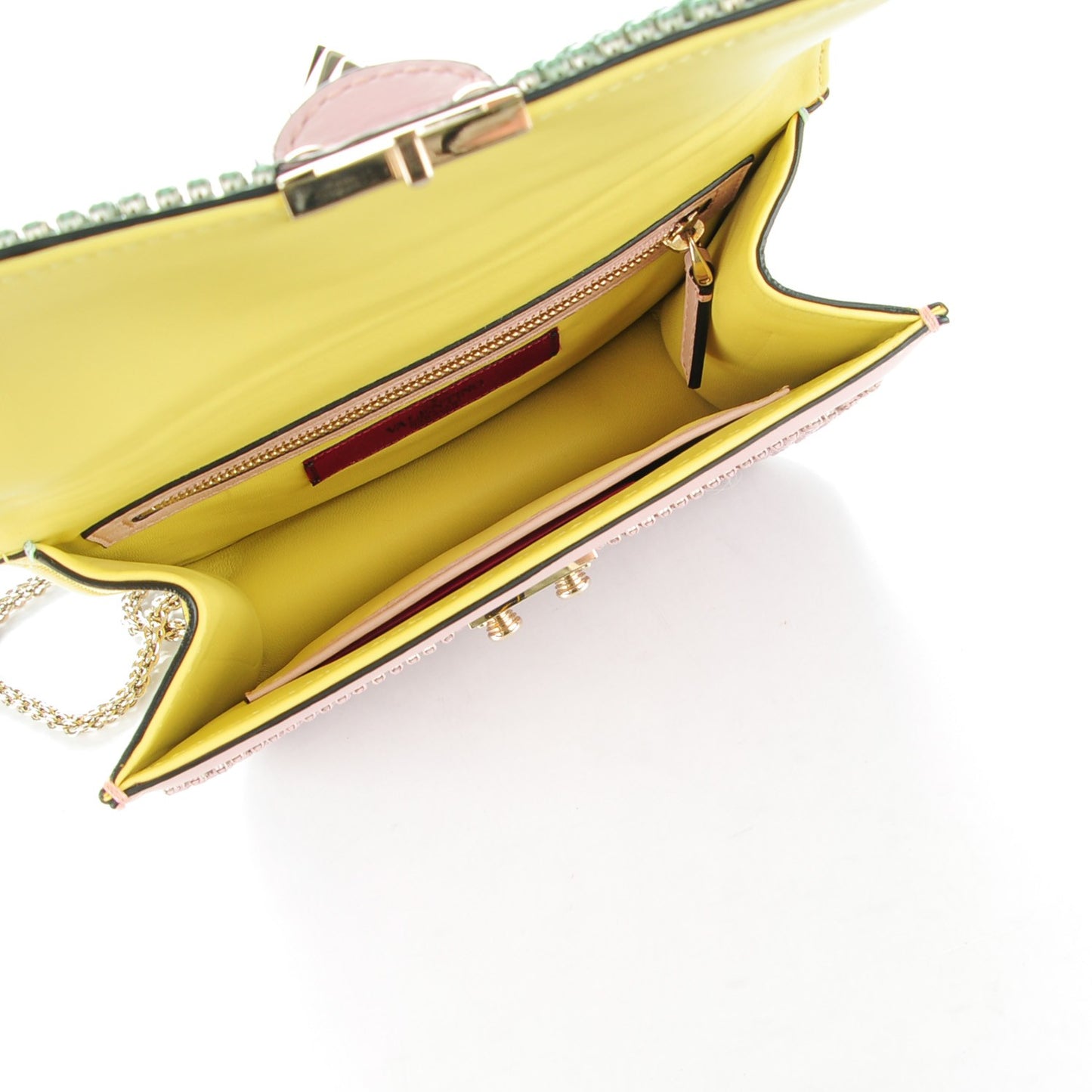 Vitello Crystal Embellished Watercolor Small Glam Lock Rockstud Flap Rose Green Yellow Sky