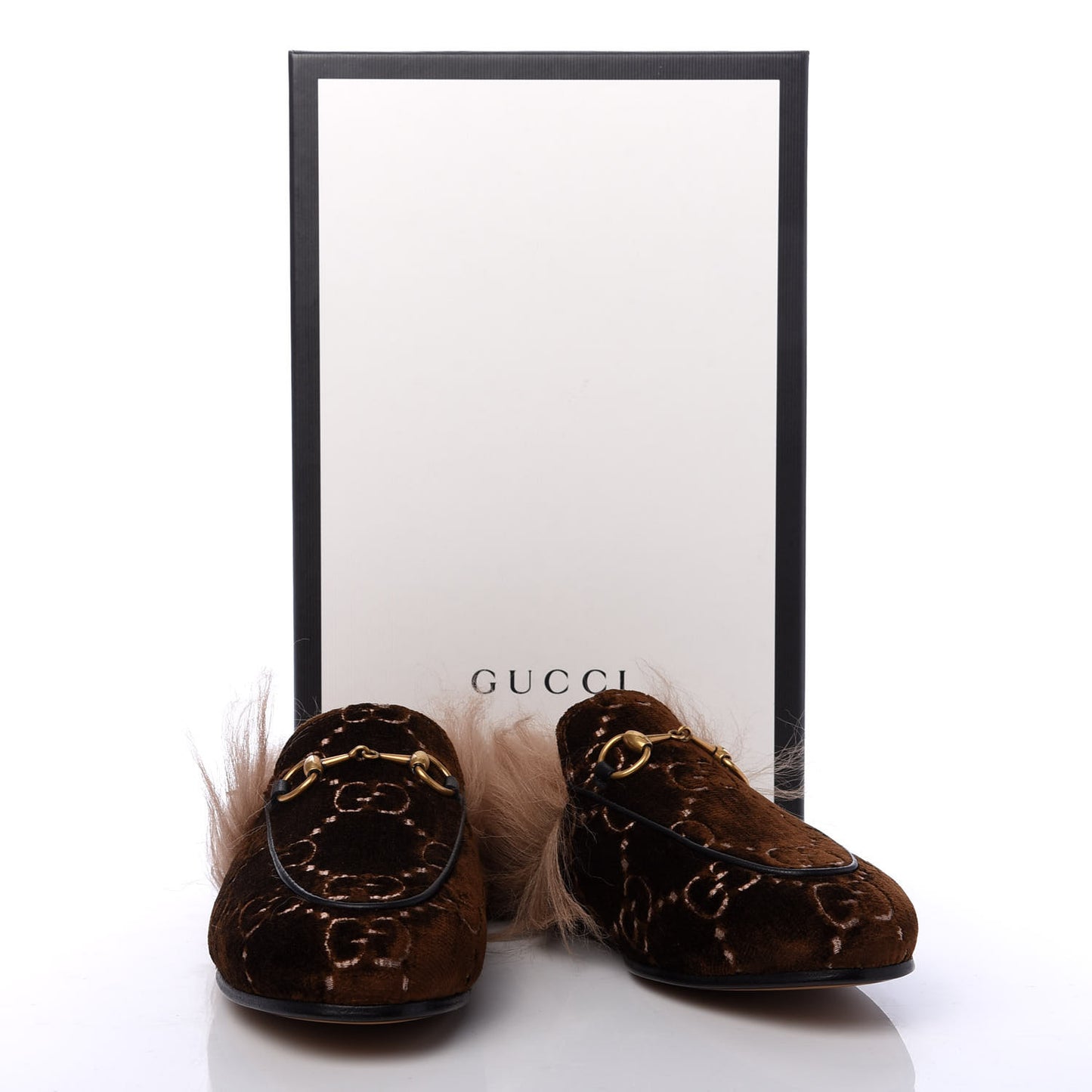 Velvet GG Monogram Fur Womens Princetown Slippers 35 Brown Black Natural