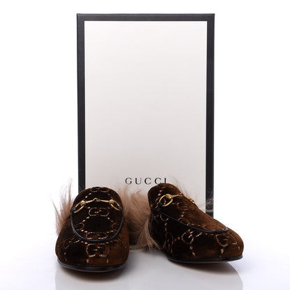 Gucci Velvet GG Monogram Fur Womens Princetown Slippers 35 Brown Black Natural 9 of 9