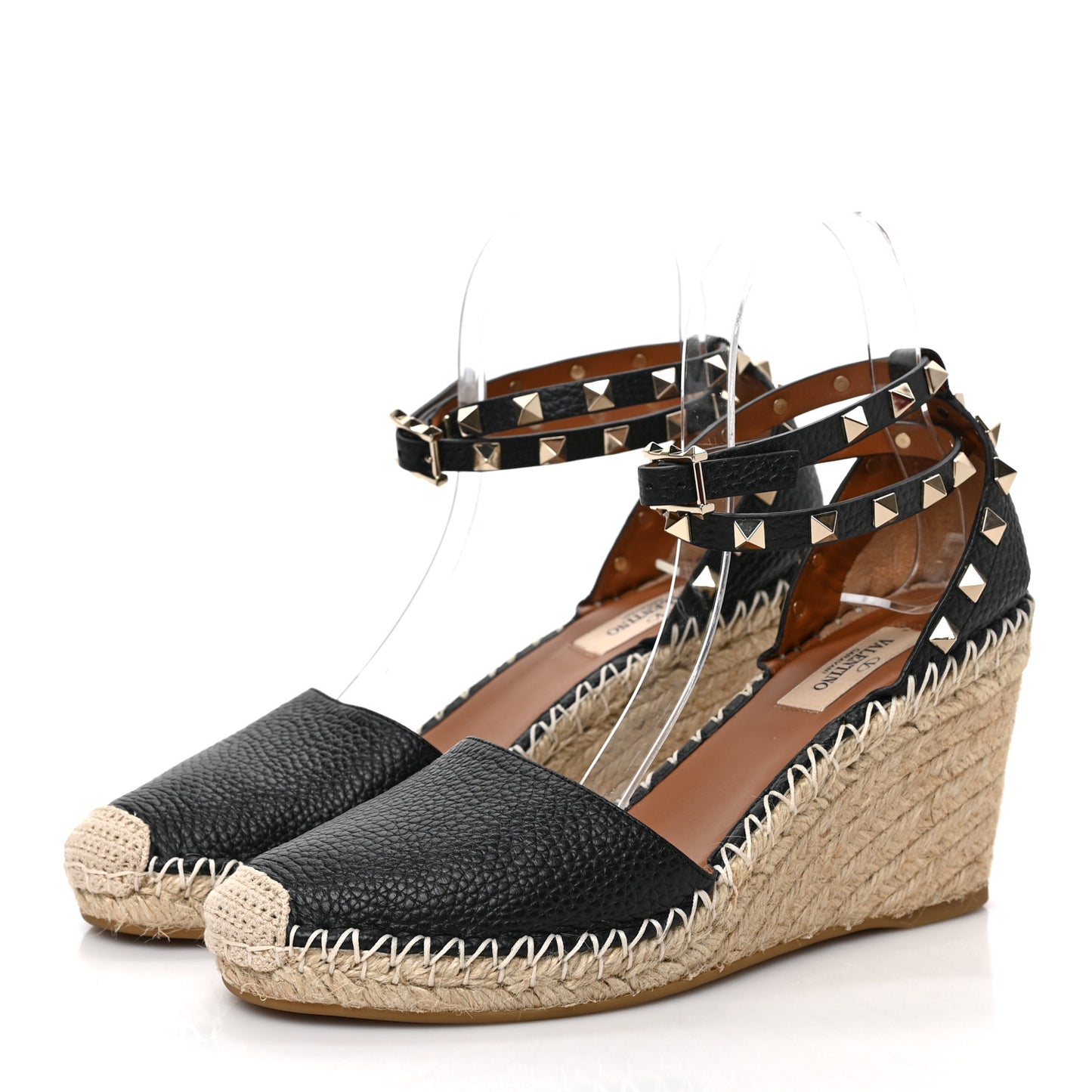 Grained Calfskin Rockstud Ankle Wrap Espadrille 15/85mm Wedges 38 Black Light Cuir