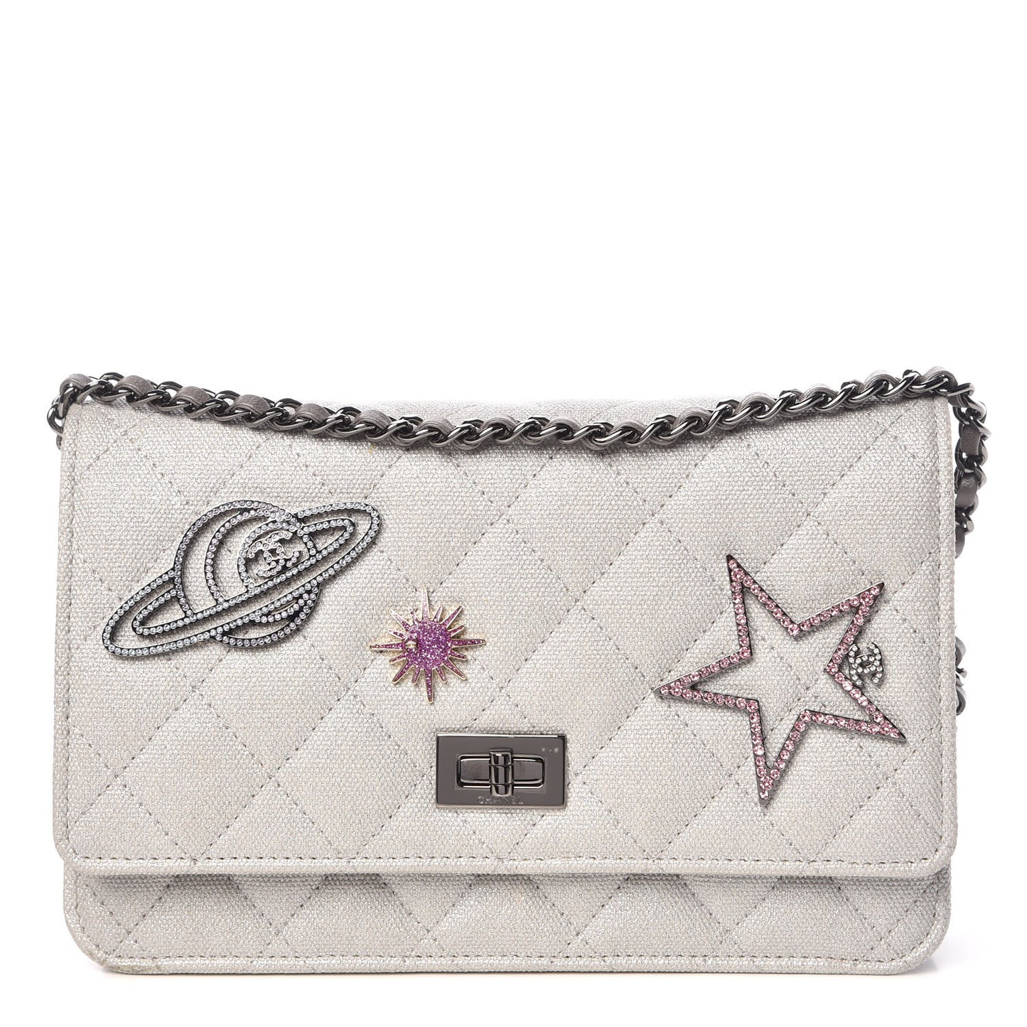 Metallic Canvas Quilted Space Charms Wallet On Chain WOC Silver