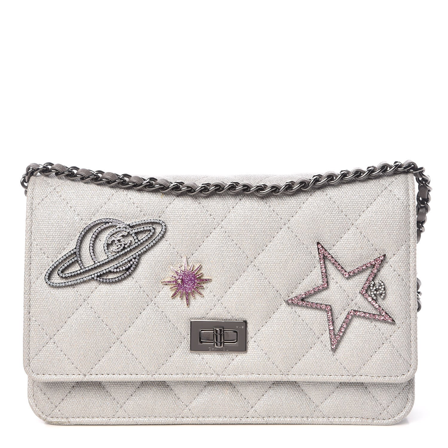Chanel Metallic Canvas Quilted Space Charms Wallet On Chain WOC Silver 1 of 11