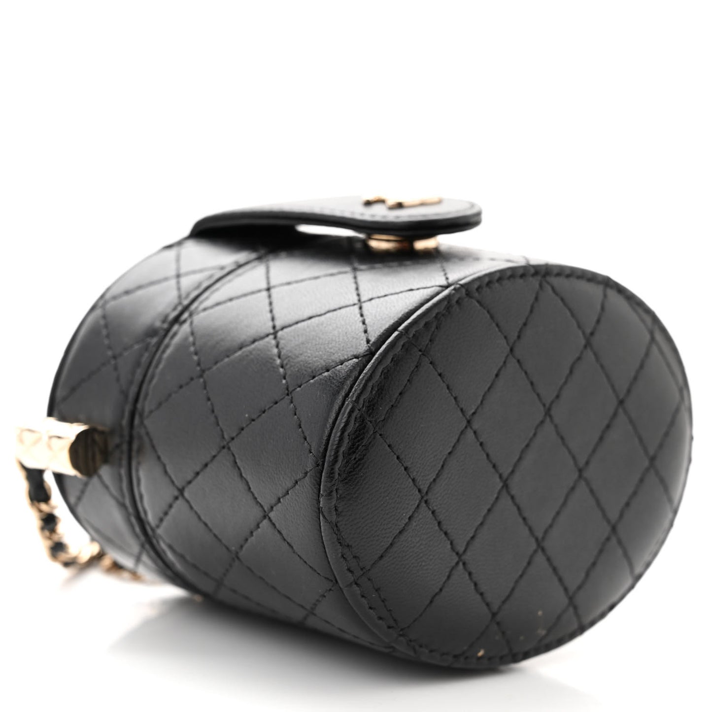Lambskin Quilted Mini Round Vanity Case With Chain Black