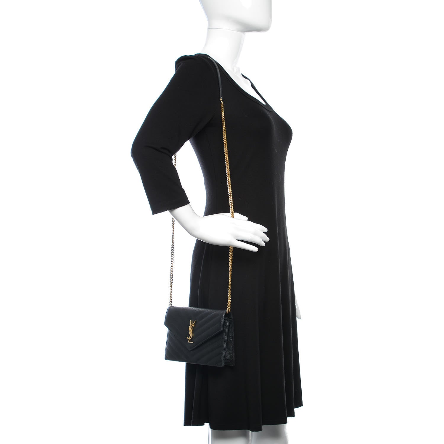 Saint Laurent Grain De Poudre Matelasse Chevron Monogram Envelope Chain Wallet Black 2 of 9