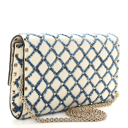 Valentino Garavani Nappa Denim Quilted Rockstud Spike Wallet on Chain Ivory Blue 3 of 9