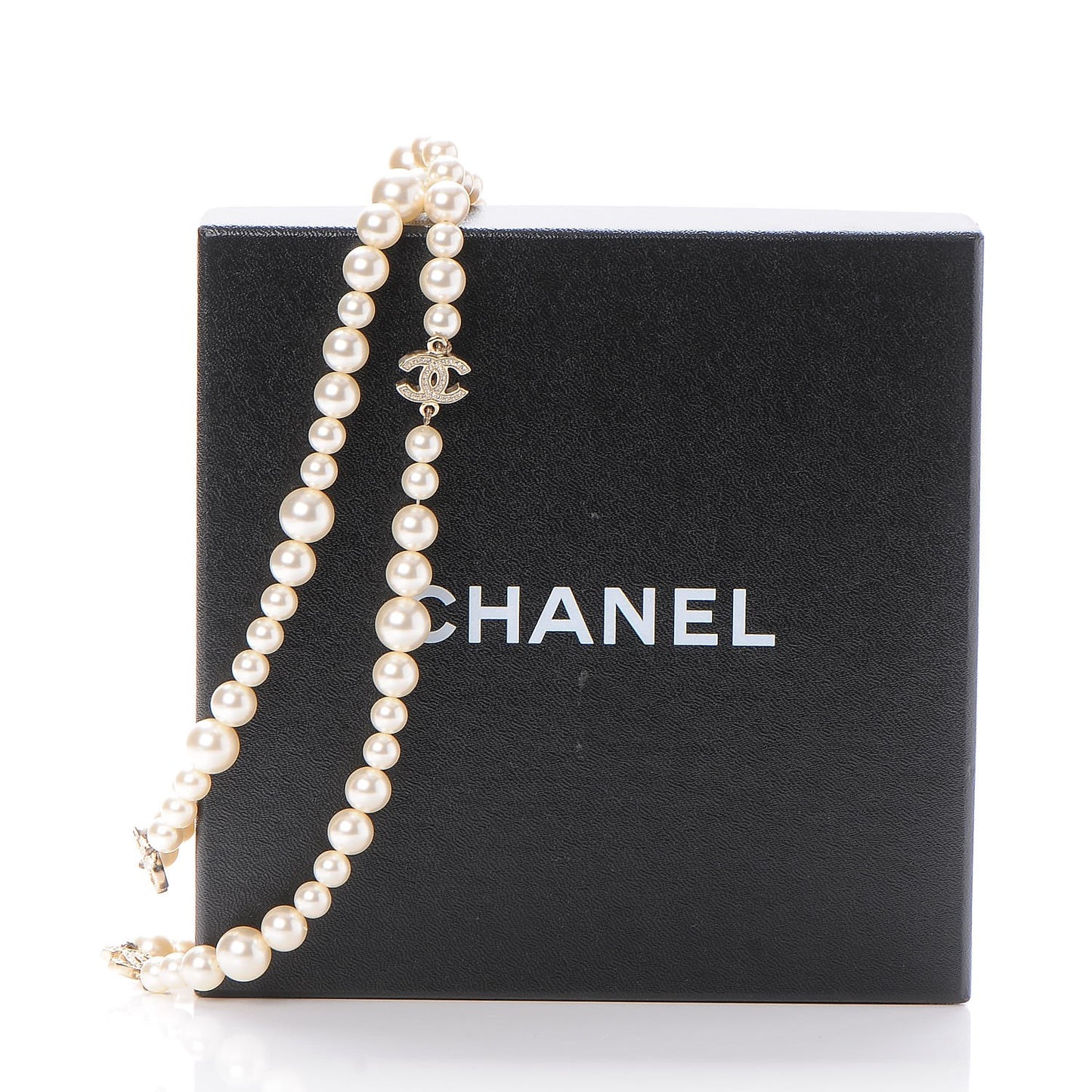 Pearl Baguette Crystal CC Long Necklace Gold