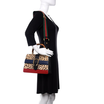 Gucci Calf Hair Calfskin Bamboo Web Leopard Print Medium Dionysus Top Handle Bag Natural Blue Agata Hibiscus Red 2 of 13