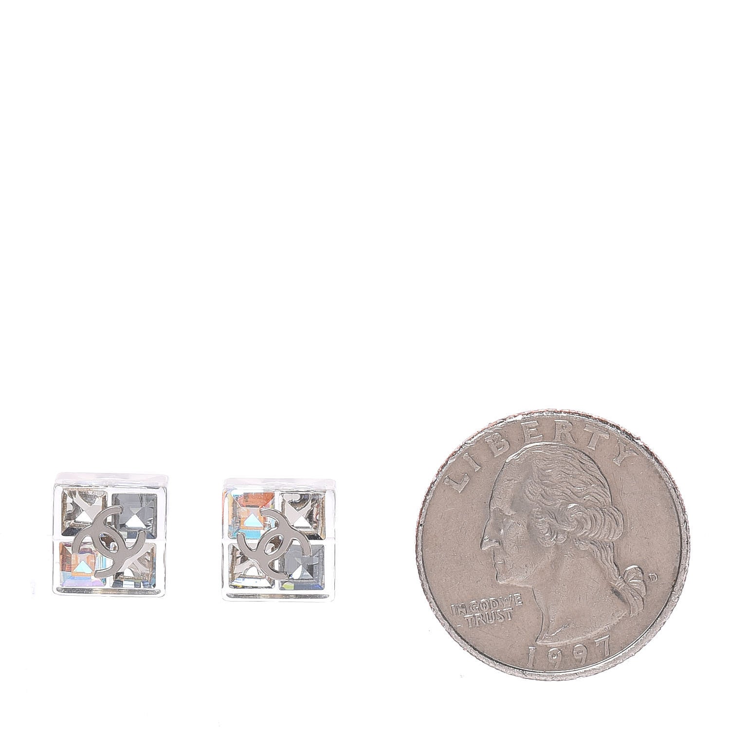 Chanel Transparent Resin Iridescent Crystal CC Cube Earrings Silver 2 of 5