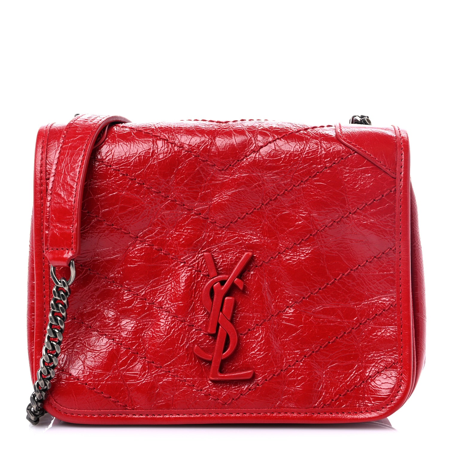 Saint Laurent Crinkled Calfskin Matelasse Monogram Niki Chain Wallet Red 1 of 9