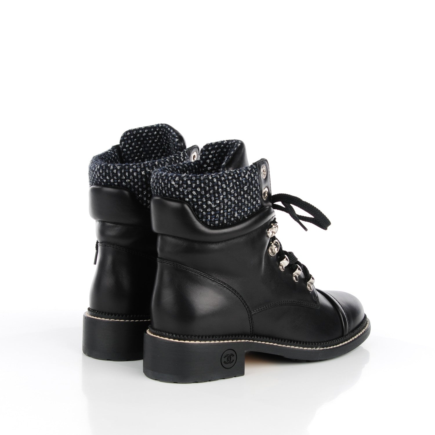 Chanel Calfskin Wool Combat Boots 40 Black 4 of 9
